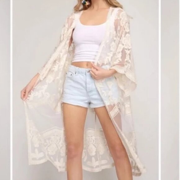 Dizzy Gal Size S Ivory Lace Floral Open Front Kimono / Swimsuit Cover. *Has Flaw - Picture 2 of 13